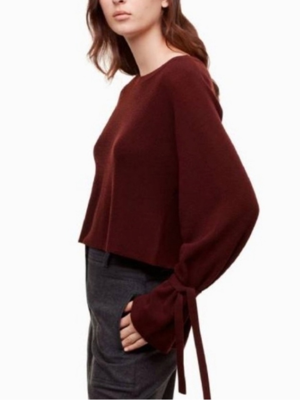 ARITZIA WILFRED Merino Wool Tie Sleeve Cropped Sweater Burgundy Maroon Size S